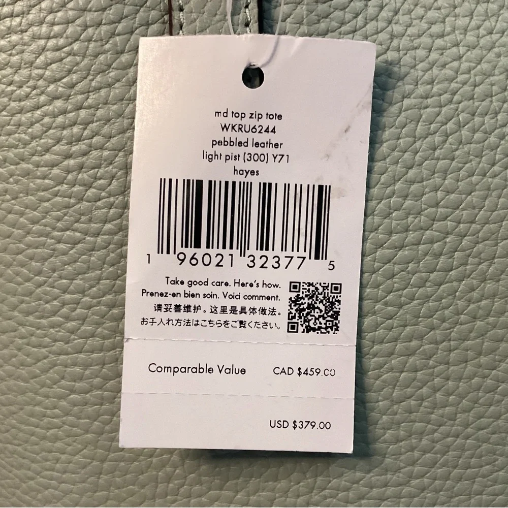 Kate Spade NWT sea foam green pebbled leather tote with bow tie tassel on front - Picture 3 of 15